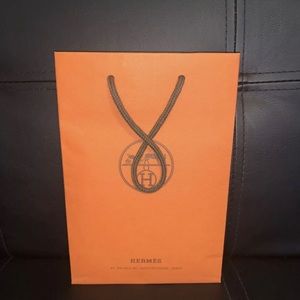 HERMES Empty Paper BAG 6” W 8.75”H 2.75” Width Orange With Brown Rope Handles